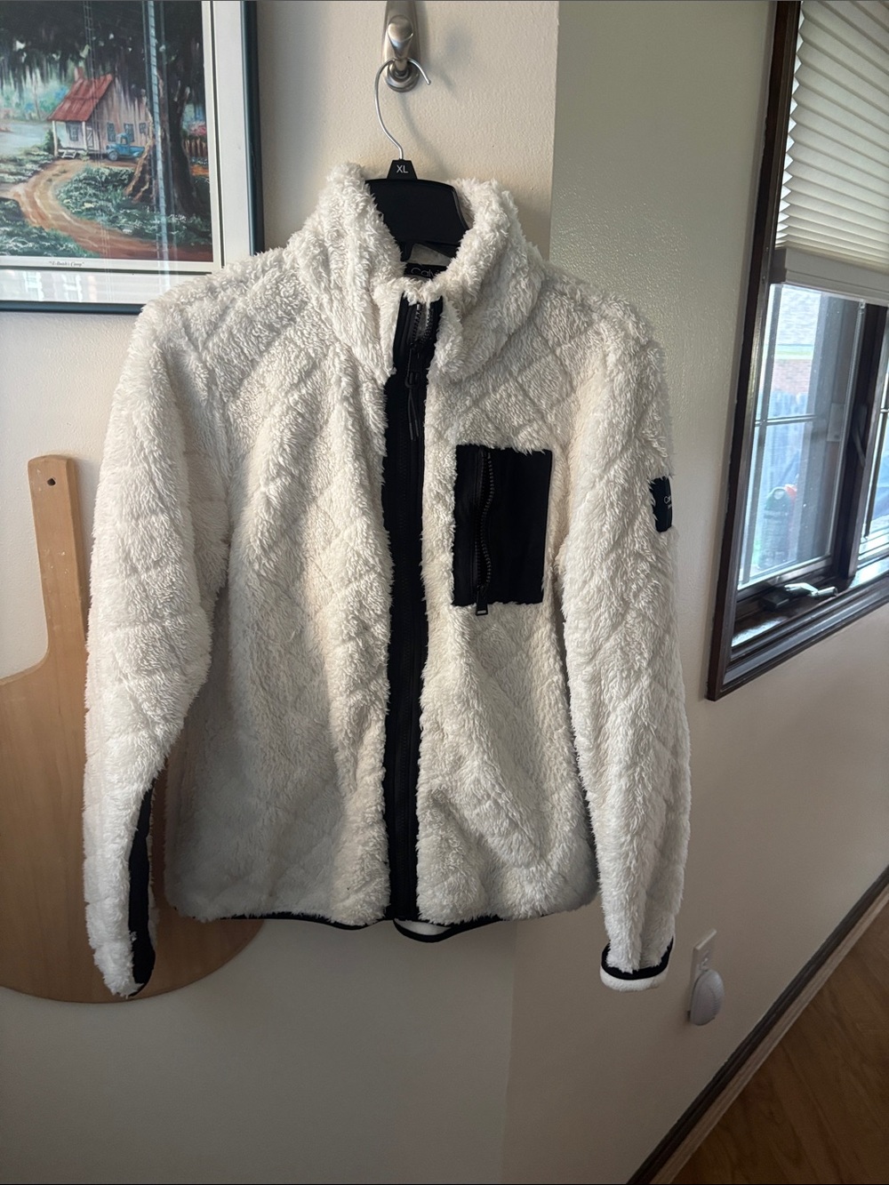Calvin Klein White Fuzzy Zip-Front Teddy Jacket with Black Trim